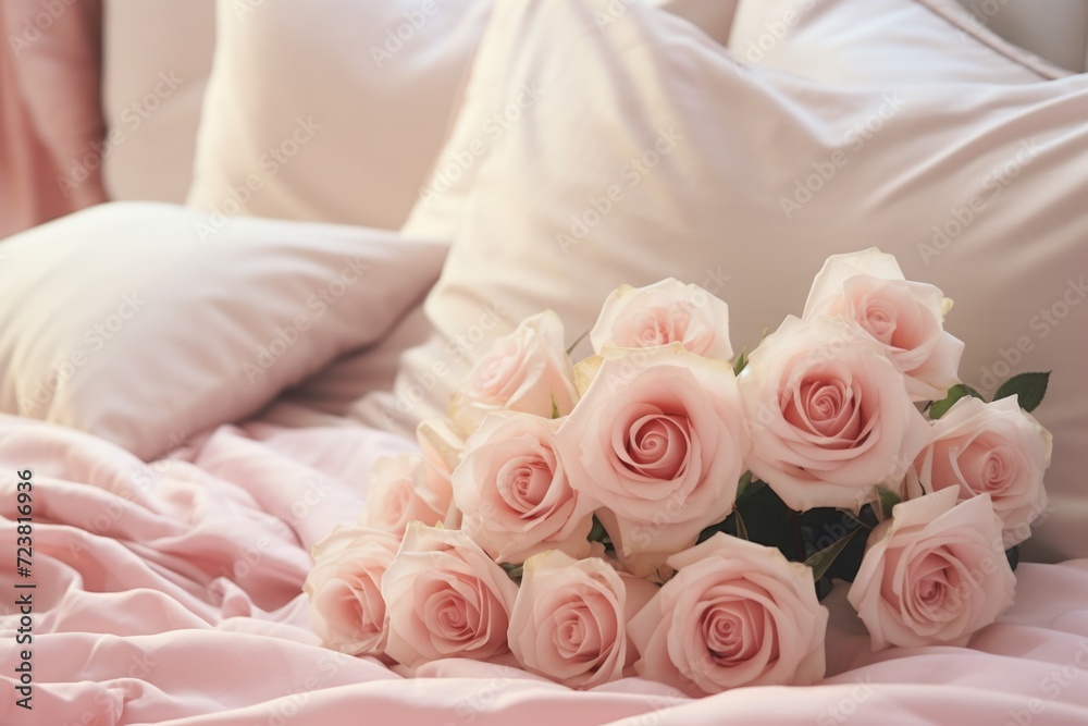 Poster a beautiful bouquet of pink roses placed on top of a bed. ideal for adding a touch of elegance and r