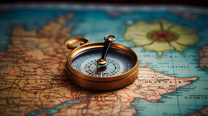 Fototapeta na wymiar a analog compass with location marking on world map background, travel concept