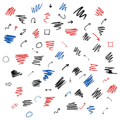 Sketch line arrow element, star, heart shape. Hand drawn doodle sketch style circle, cloud speech bubble grunge element set. Arrow, star, heart brush decoration