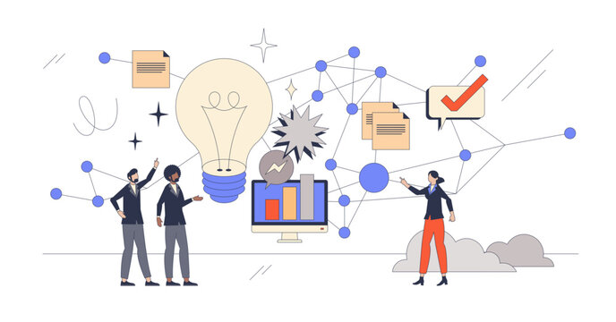 Collaborative brainstorming tools or effective work retro tiny person concept, transparent background. Partnership collaboration for new successful project development illustration.