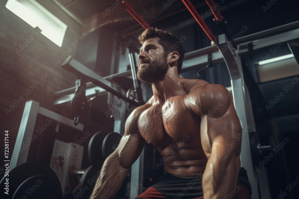 Poster a man with a beard is pictured in a gym. this image can be used to depict fitness, exercise, or a he