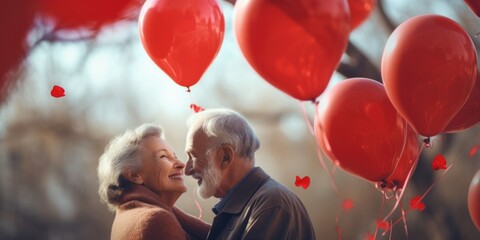 A romantic moment captured as a man and a woman share a passionate kiss in front of a backdrop of red balloons. Perfect for illustrating love, celebration, and special occasions - Powered by Adobe