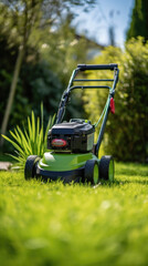 Lawn mower on green grass in the garden. Gardening concept .