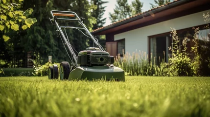 Foto op Canvas Lawn mower on green grass in summer garden. Gardening concept . © Art AI Gallery