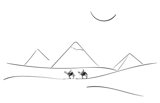 recommend clip art: Camel caravan in front of Egyptian pyramids in Giza under the scorching midday sun simple sketch, vector illustration hand drawn black ink line art style on white background