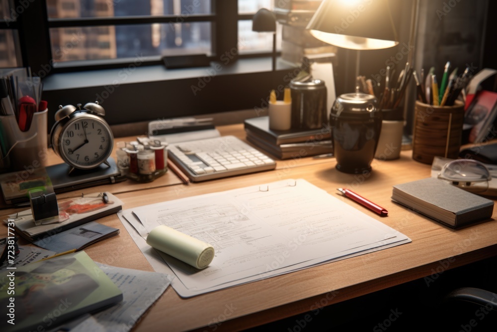 Poster A cluttered desk filled with various office supplies. This versatile image can be used to represent a busy workspace or to illustrate the concept of organization and productivity