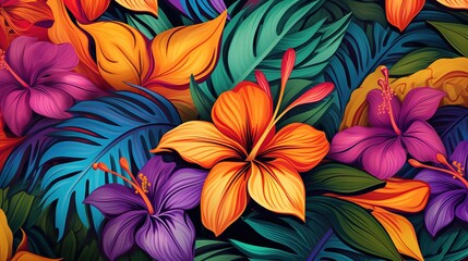 Tropical colorful flowers . Great for summer exotic wallpaper, backgrounds, packaging, fabric, and giftwrap projects. Surface pattern design, ,generative ai