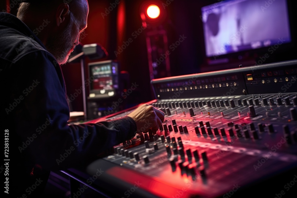 Poster a man sitting at a mixing desk in a recording studio. perfect for showcasing the music production pr
