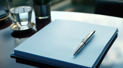 A pen is placed on top of a notebook, next to a glass of water. This versatile image can be used...
