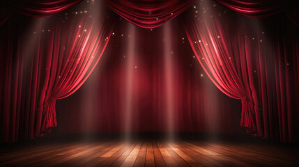 Red stage curtain with spotlights and wooden floor .