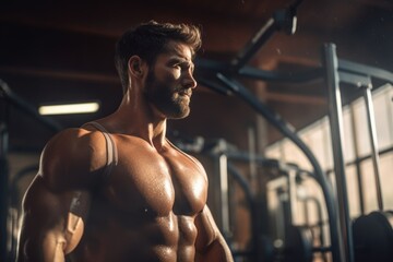 Fototapeta na wymiar A shirtless man standing in a gym. Suitable for fitness, workout, and exercise themes