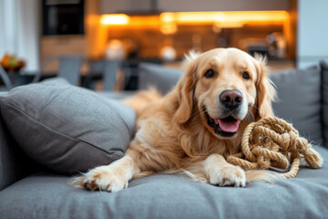 Cute dog playing with toy on the couch with rope