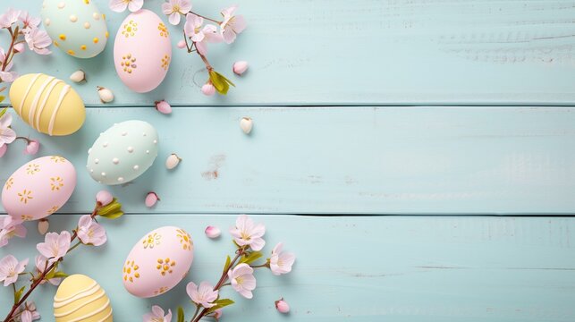 Sakura blossom flower, colorful happy easter eggs on wood blue spring background