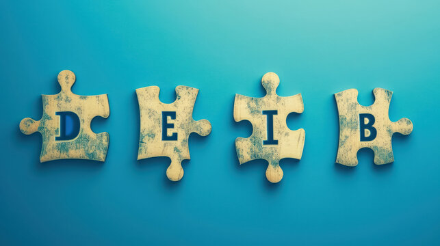 puzzle pieces spelling DEIB concept ,on blue background ,  Diversity, Equity, Inclusion, and Belonging , flat lay 