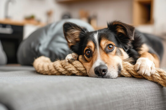 Cute dog playing with toy on the couch with rope