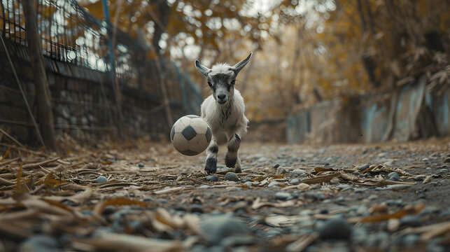 Action photograph of pygmy Goat playing soccer Animals. Sports
