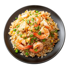 Fototapeta na wymiar Shrimp fried rice with assorted vegetables in plate. Isolated on Transparent background