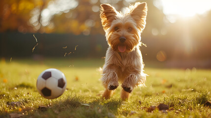 Action photograph of yorkshire dog playing soccer Animals. Sports