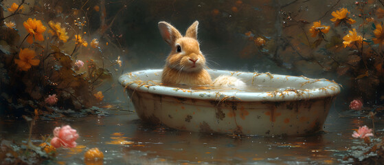 Rabbit Painting Sleeping in a Water-Filled Tub