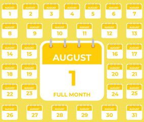 A set of square calendar page icons for each day of August. Simple and minimalistic week calendar designs for keeping an organizer, diary, to-do list.