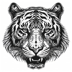 Obraz premium Tiger Face in Tribal Style - A striking black and white graphic illustration of a tiger face with tribal patterns and fierce expression