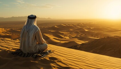 Arabian man meditating in desert at sunset - obrazy, fototapety, plakaty