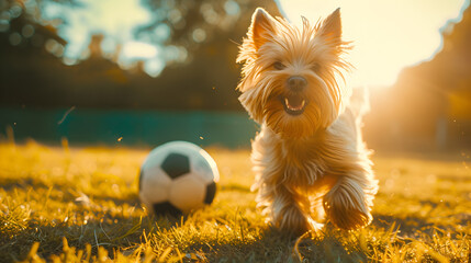 Action photograph of yorkshire dog playing soccer Animals. Sports