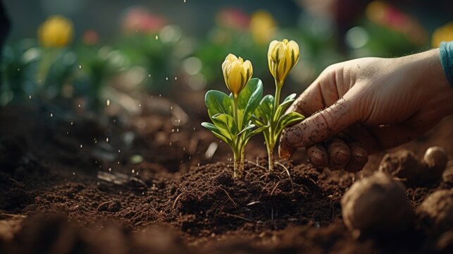 Hand sprinkling water on a plant, suitable for gardening or plant care concepts