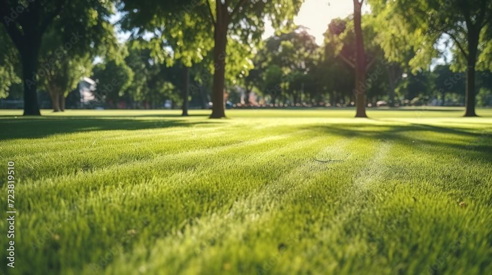 Poster A serene image of a field of grass with trees in the background. Perfect for nature and landscape themes