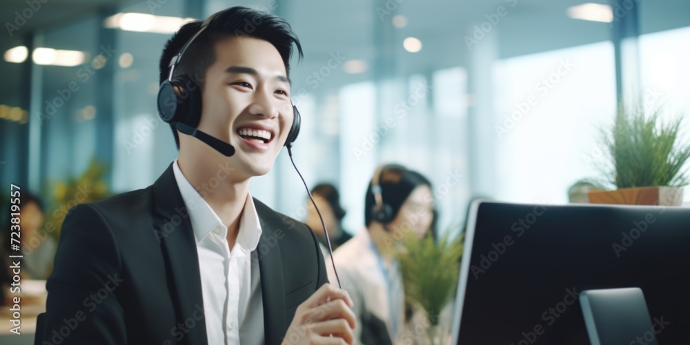 Aufkleber A man wearing a headset is sitting in front of a computer. This image can be used to depict a customer service representative, a call center worker, or someone working remotely