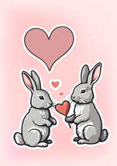 cute bunny sticker, with hearts, Valentine's Day, romantic sticker, valentine, 2d vector illustration