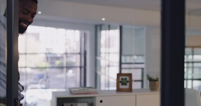 Business meeting, man and open door by office and welcome to company for client consultation. African person, job interview or workplace appointment in professional career or manager with invitation