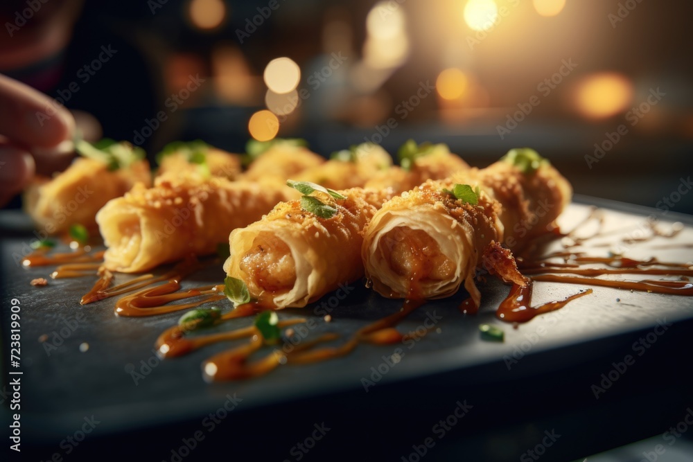 Poster a close-up view of a plate of food on a table. can be used to showcase delicious meals or in food-re