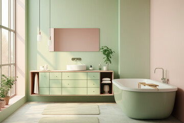 Fototapeta na wymiar Pastel color minimal design bathroom interior with modern decoration