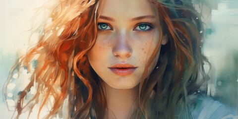 Fototapeta premium A beautiful painting of a woman with vibrant red hair. This artwork captures the essence of the subject's unique beauty and personality. Ideal for adding a pop of color and character to any space