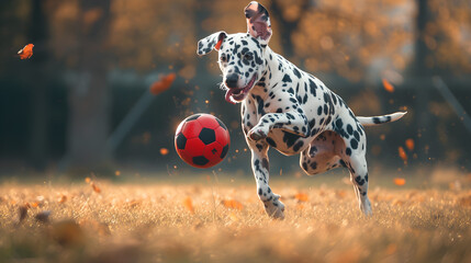Action photograph of dalmatian dog playing soccer Animals. Sports