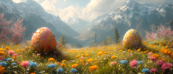 Fototapeta na wymiar Colorful Field of Flowers With Majestic Mountain Range