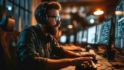 Fototapeta premium Focused man with headphones at computer
