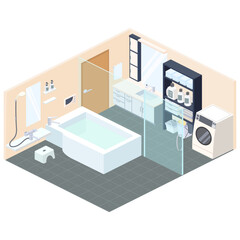 アイソメトリックで描いた洗面所とバスルームのイラスト