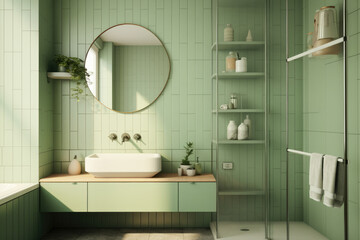 Fototapeta na wymiar Pastel green color spacious minimal design luxury decorated bathroom interior
