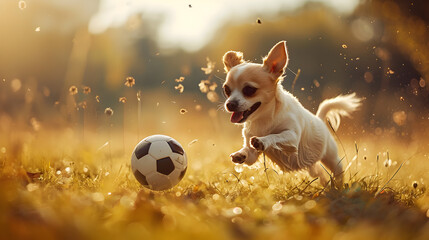 Action photograph of chiuaua dog playing soccer Animals. Sports
