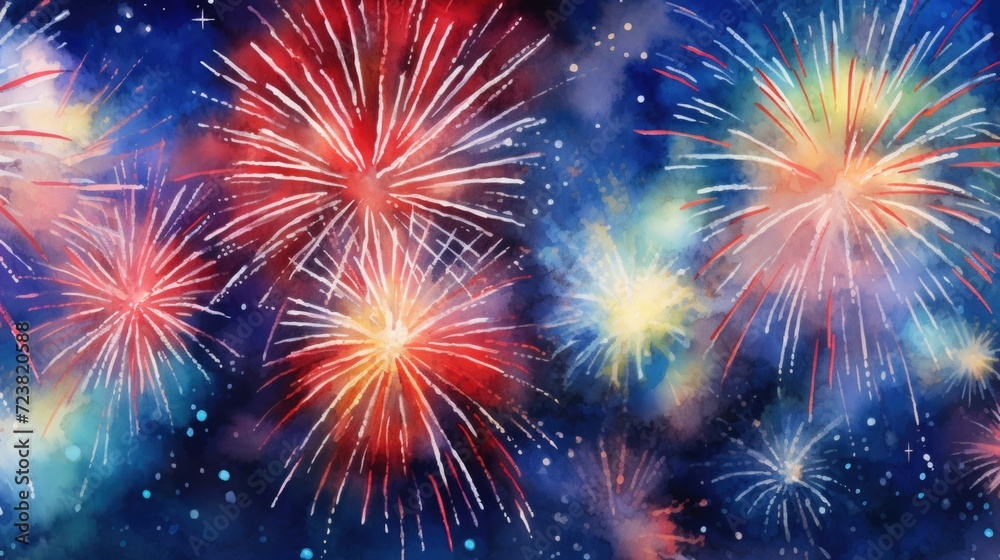 Poster a captivating painting capturing the beauty of fireworks in the night sky. perfect for adding a touc