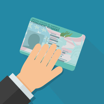 A hand presents a green card, permanent resident card of USA on a blue background in flat design style with a long shadow	