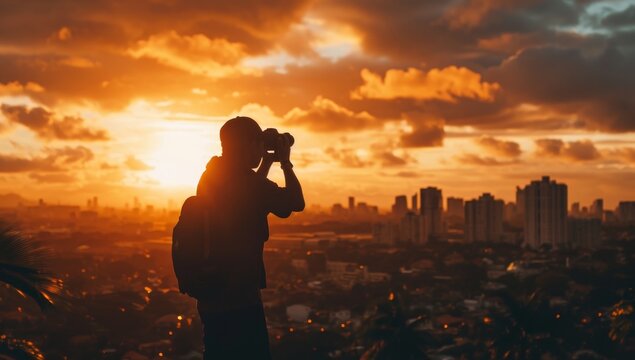 Silhouette of photographer taking photo of cityscape at sunset.