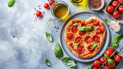 Heart shaped pizza on light table, ideal for romantic dinner, top view with space for text