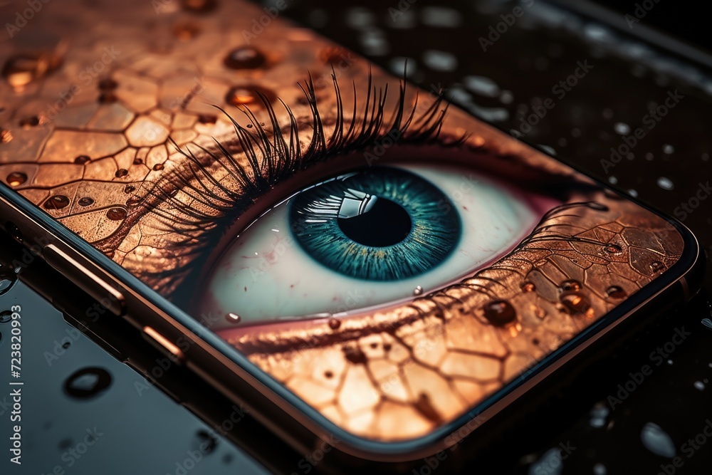 Aufkleber a close-up view of a cell phone with an eye symbol on the screen. can be used to represent surveilla