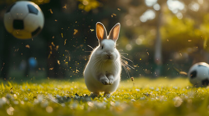 Action photograph of white rabbit playing soccer Animals. Sports