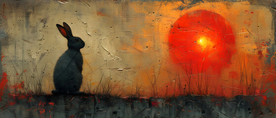 Painting of a Rabbit Sitting in Front of a Sunset