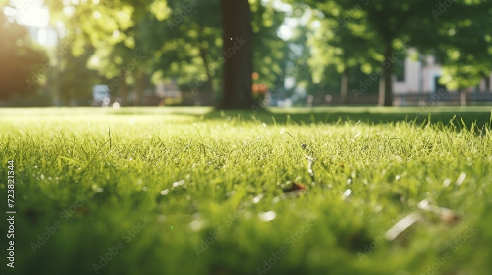 Poster a picturesque field of grass with tall trees in the background. suitable for nature and landscape th