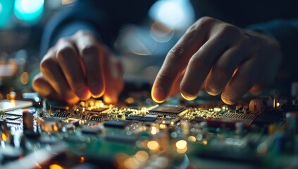 Close up of hands working on an intricate electronic circuit board